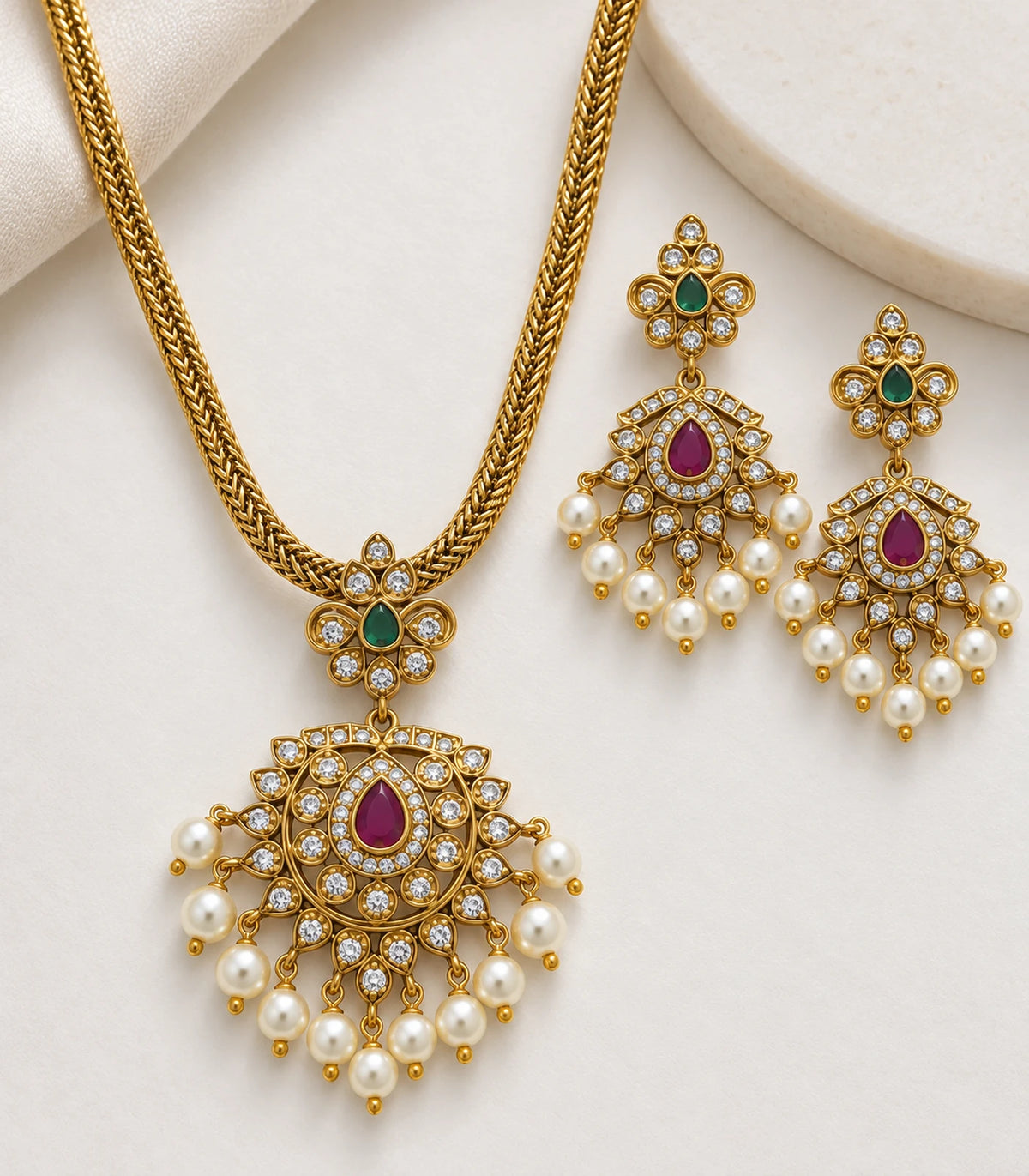Detail of gold magenta green pearl round pendant necklace set and matching earrings on fabric