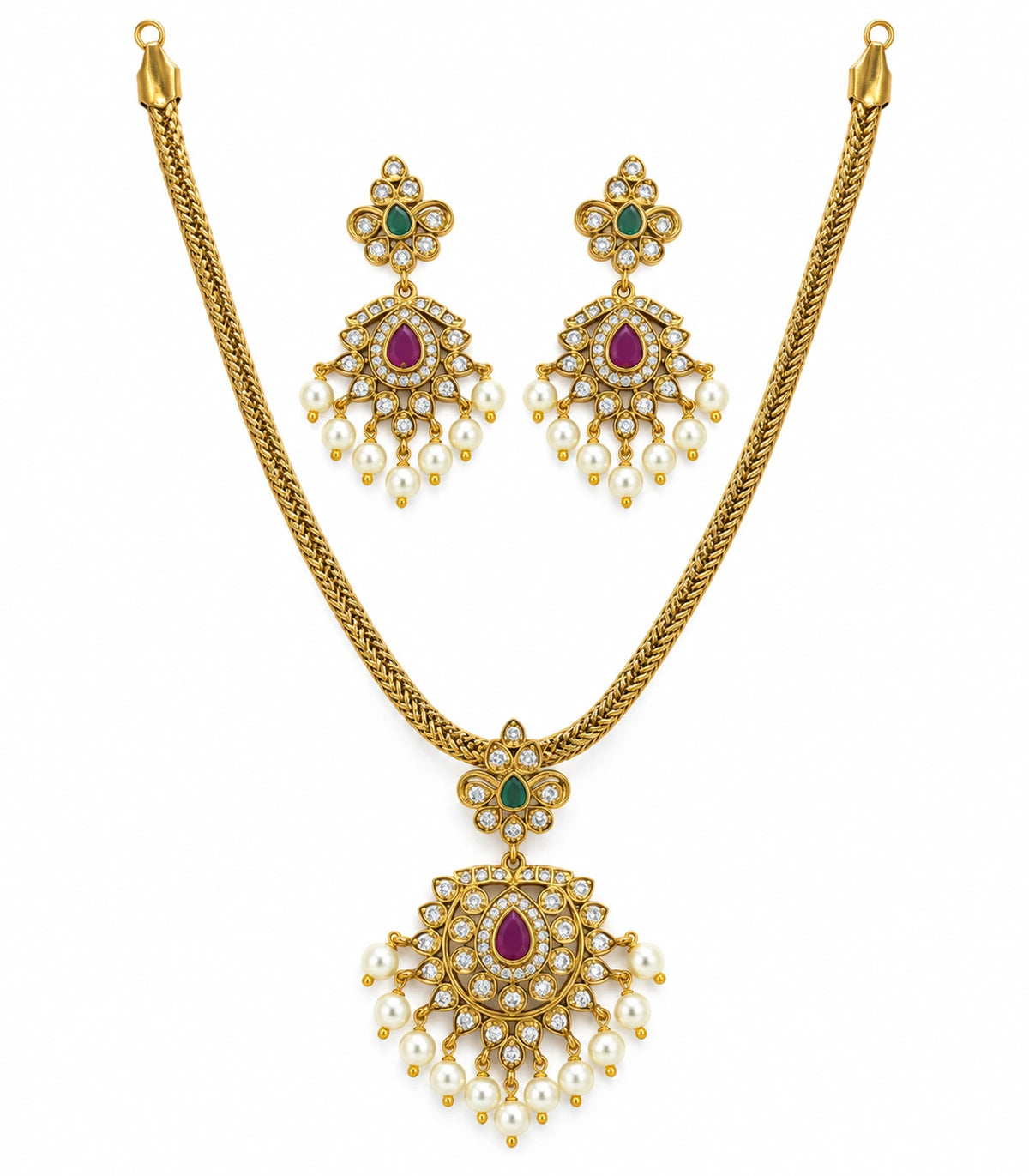 Gold magenta green pearl round pendant necklace set with matching pair of earrings on white background