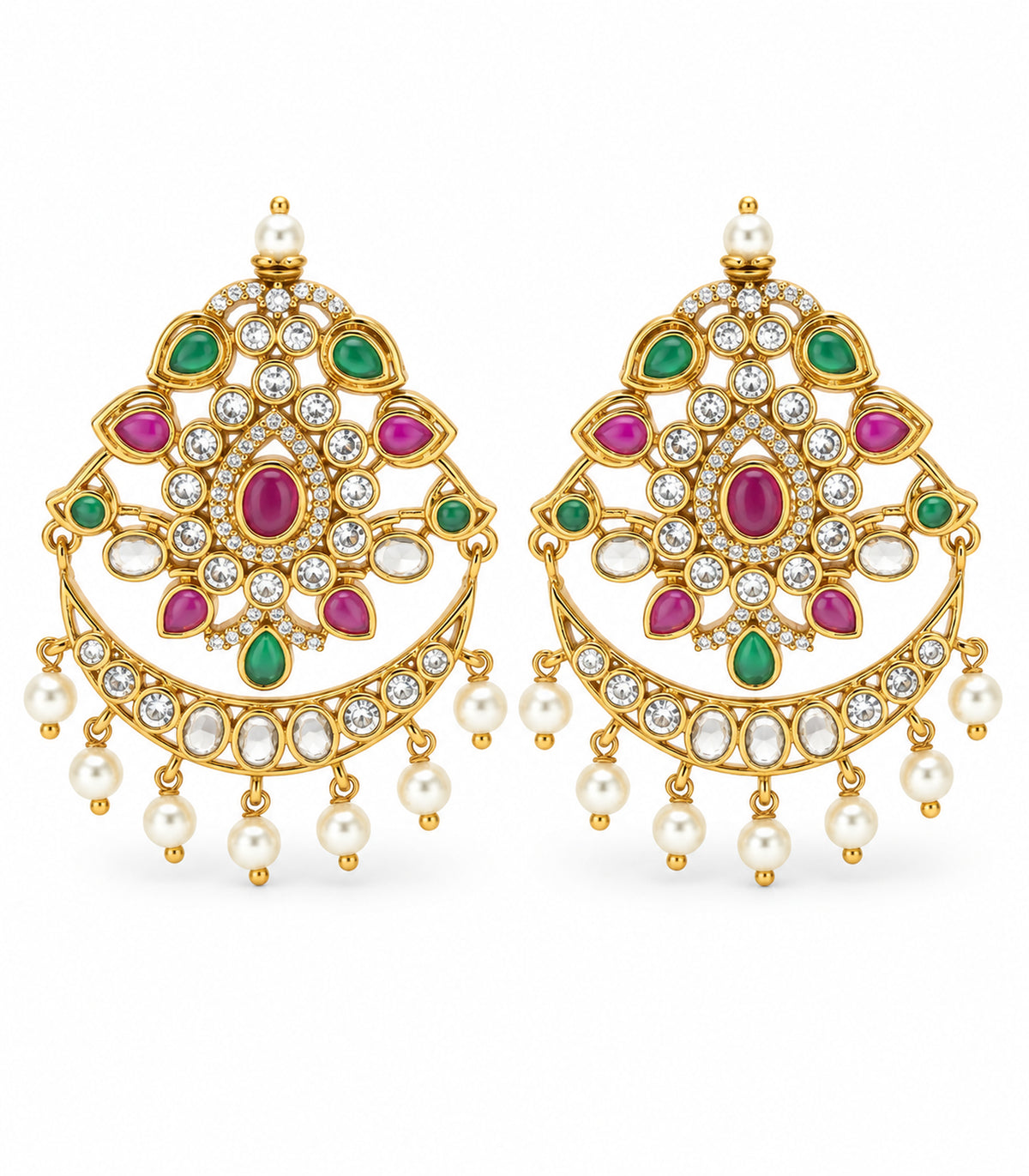 Gold magenta and green teardrop pearl-style chandbali earring pair on white