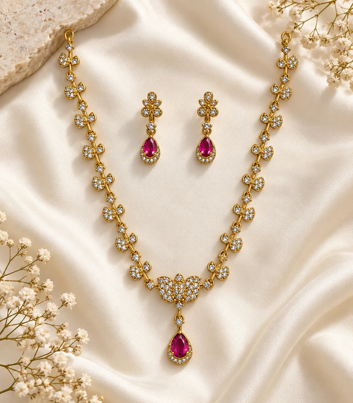 Complete gold-tone leaf necklace and matching magenta teardrop earring pair arranged on ivory fabric