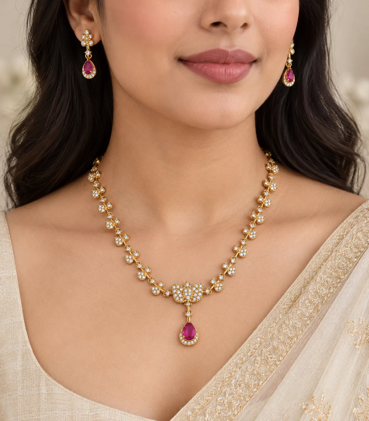 Gold Magenta Leaf Crystal Necklace Set worn with matching earrings and an ivory saree