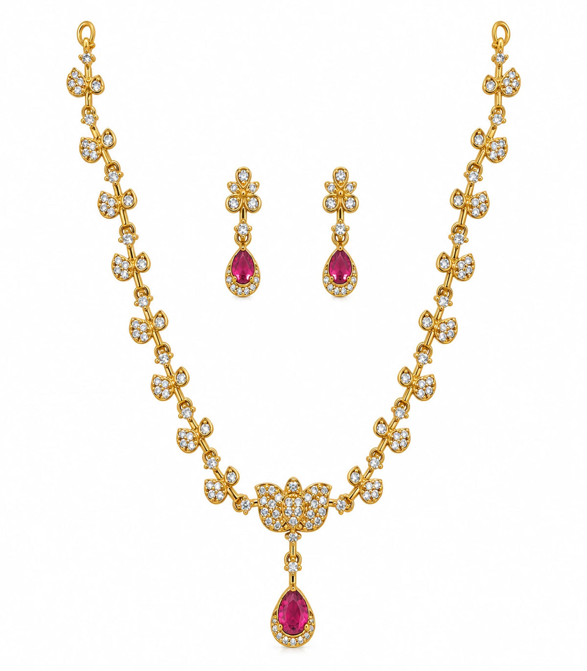 Gold-tone leaf necklace with magenta teardrop pendant and matching earring pair on white