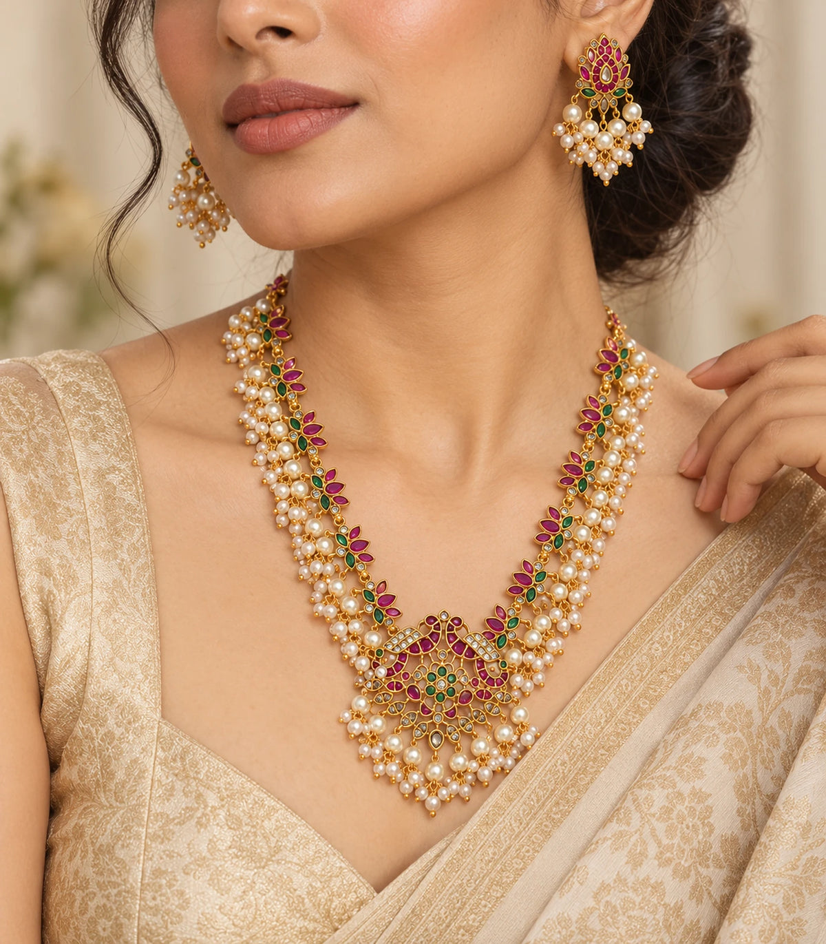 Gold Magenta Pearl Fringe Necklace Set styled in a three-quarter worn composition