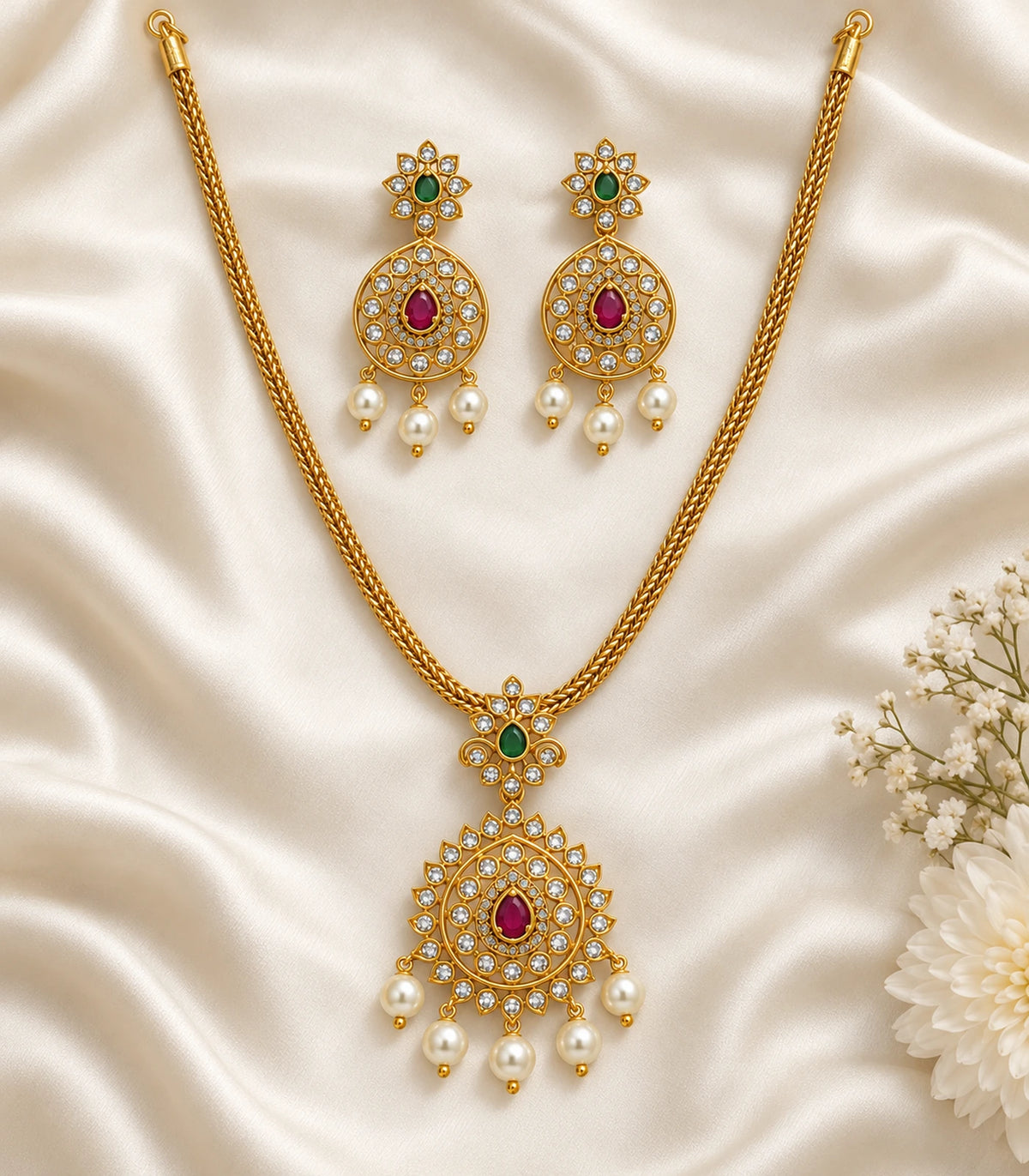 Gold magenta pearl round pendant necklace set with both earrings arranged on ivory fabric