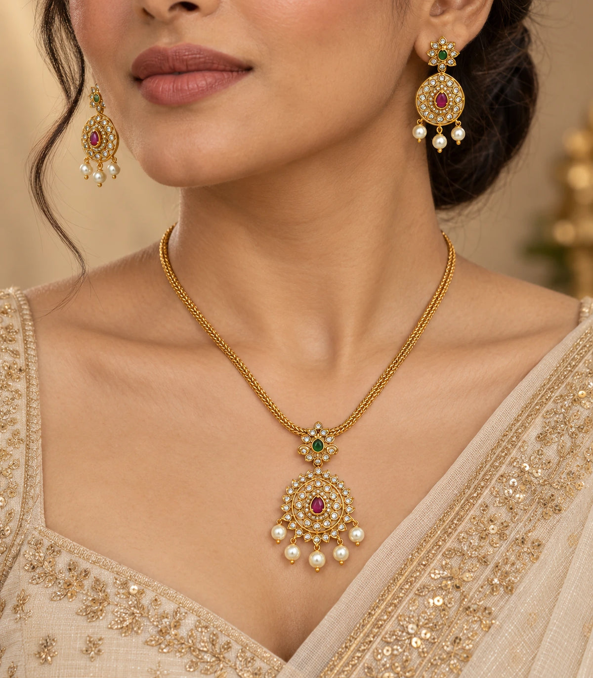 Gold magenta pearl round pendant necklace set worn with both matching earrings
