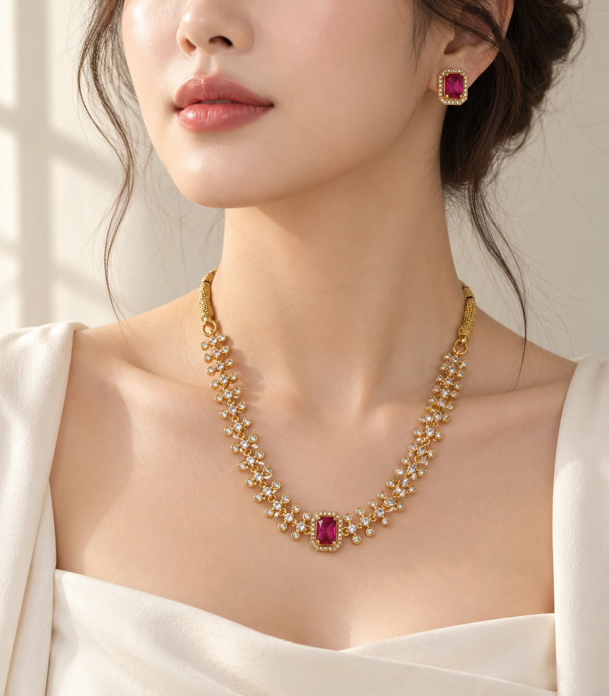 Three-quarter worn view of the gold-tone magenta crystal necklace set