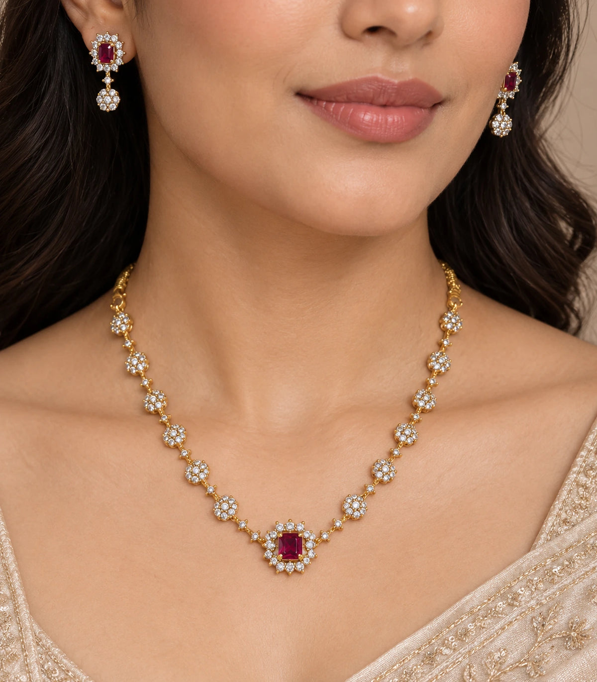 Closeup of magenta floral necklace and matching drop earrings worn together