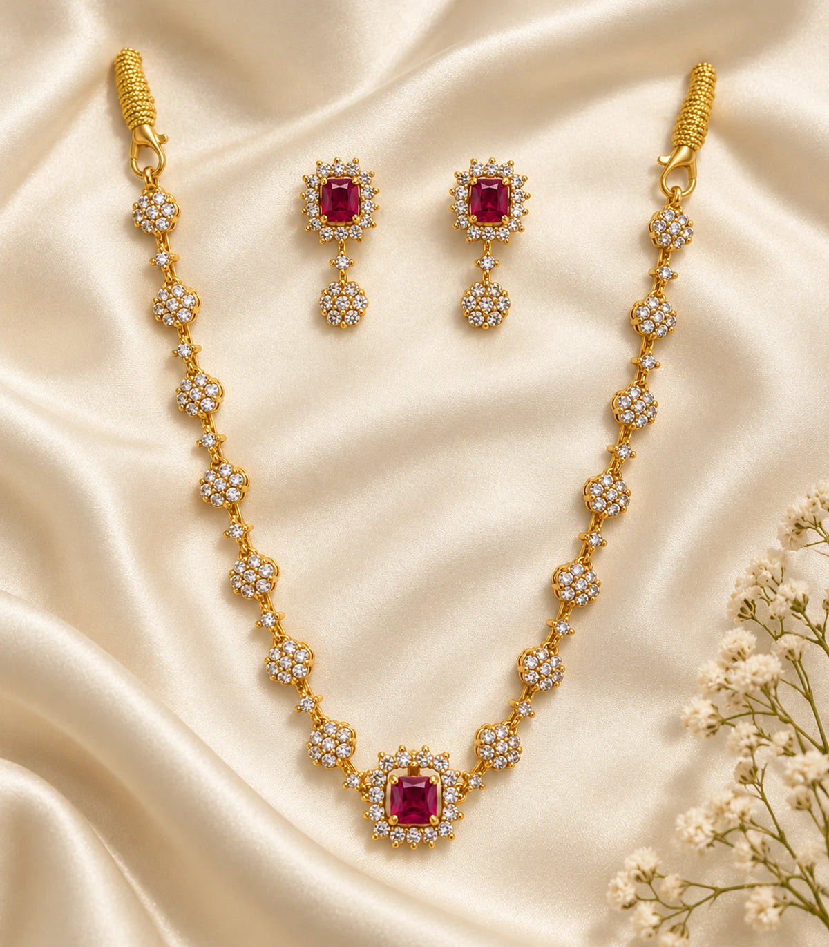 Complete gold magenta floral necklace and matching earring pair on ivory fabric
