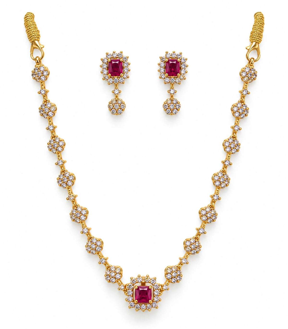 Gold-tone magenta square floral necklace and two matching drop earrings on white
