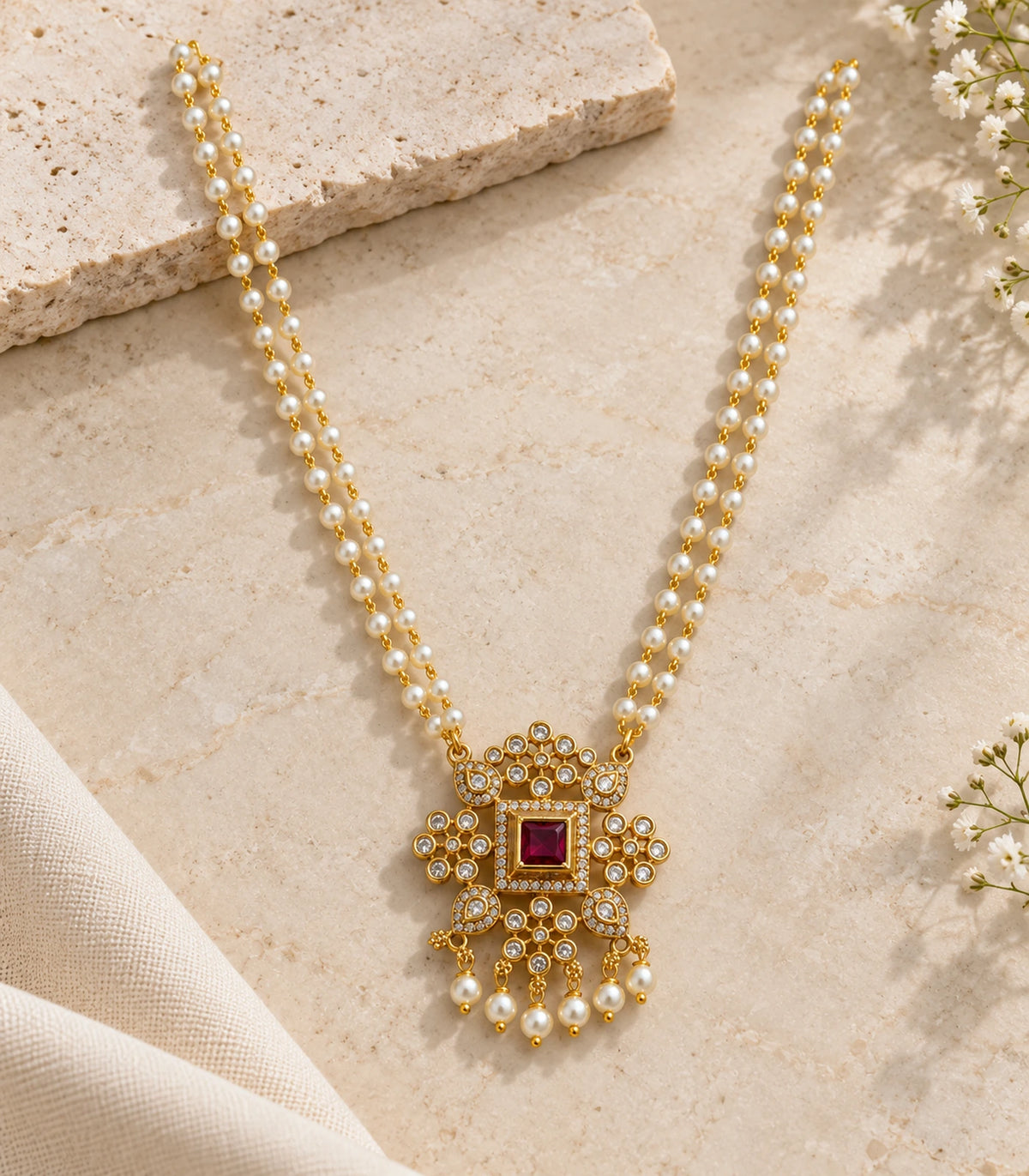 Gold Magenta Square Kundan Double Pearl Necklace arranged on a pale stone surface