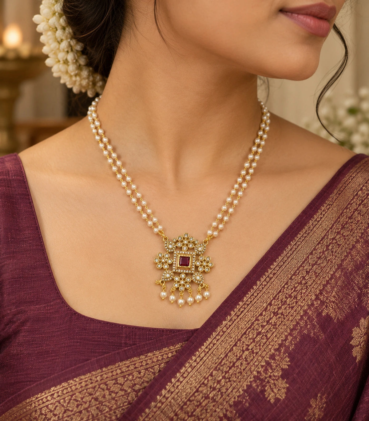 Angled worn view of the Gold Magenta Square Kundan Double Pearl Necklace with a magenta saree