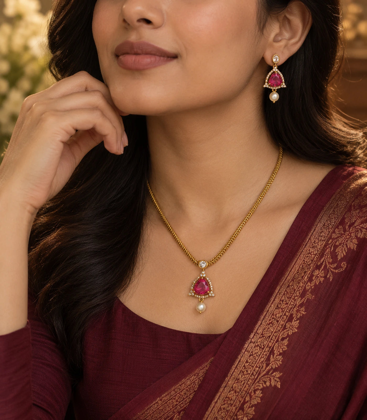 Gold Magenta Teardrop Pearl Necklace Set worn with a burgundy outfit