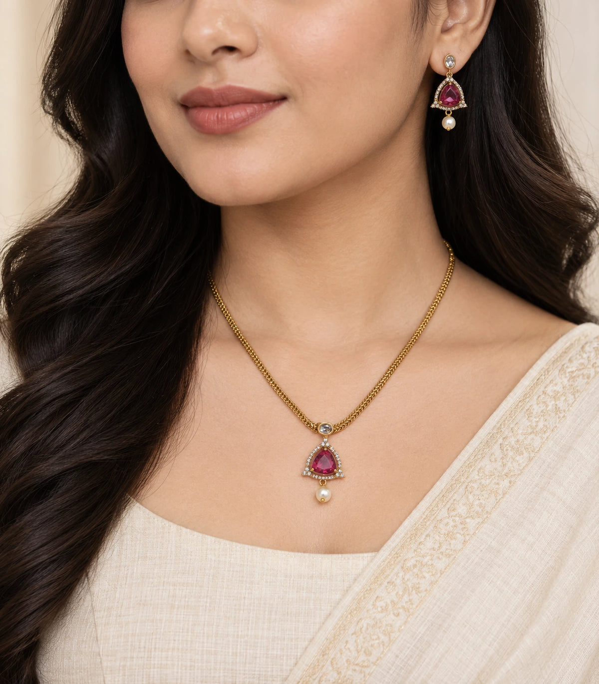 Gold Magenta Teardrop Pearl Necklace Set worn with a cream outfit