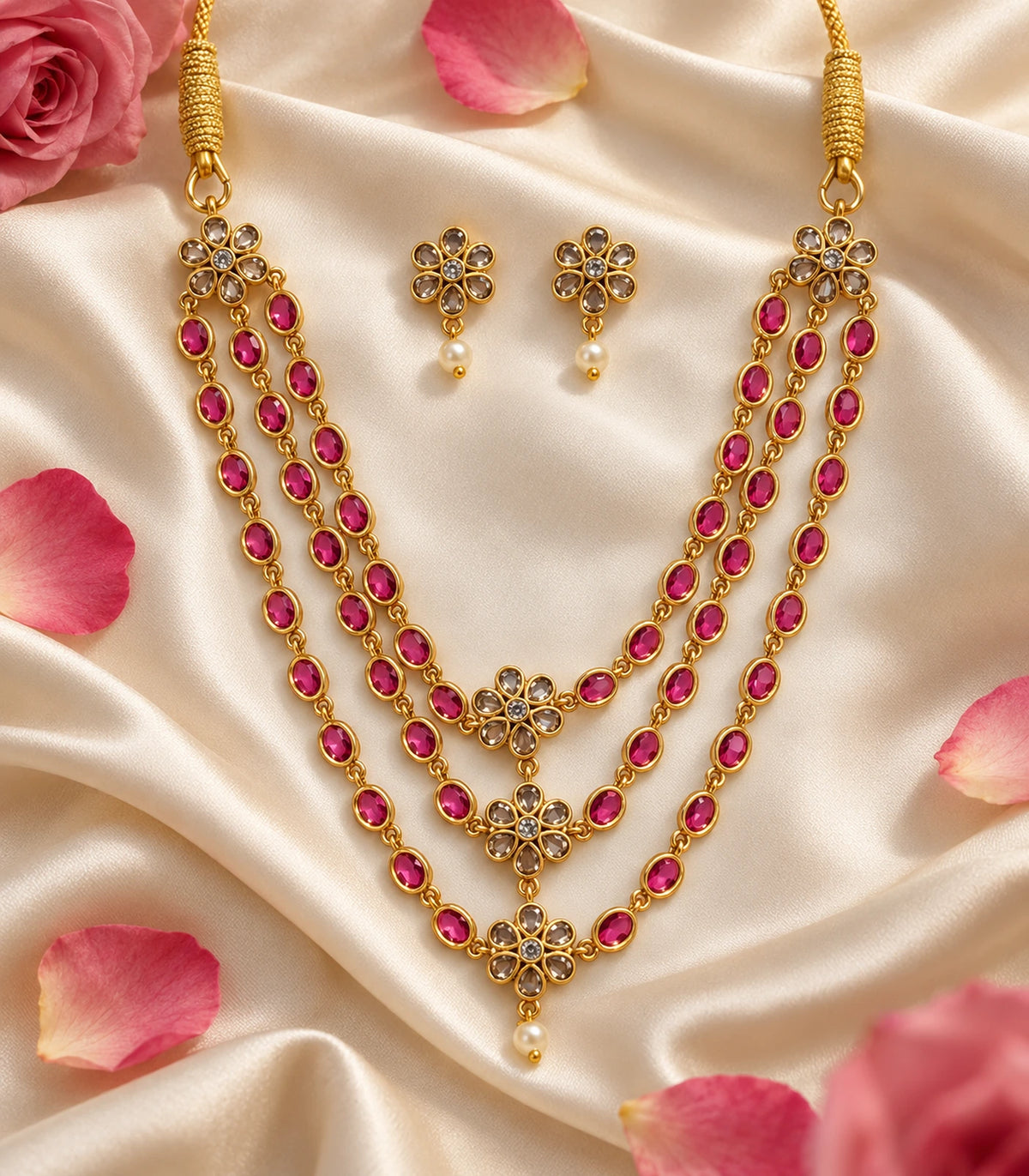 Magenta triple-strand floral necklace and matching floral earrings arranged on cream fabric