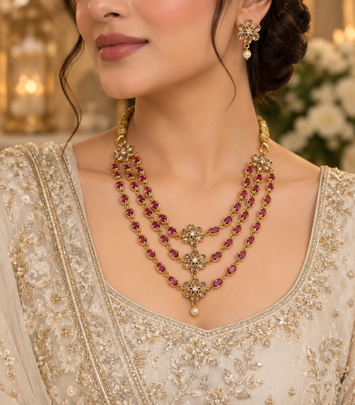 Angled worn view of the gold-tone magenta triple-strand floral necklace set