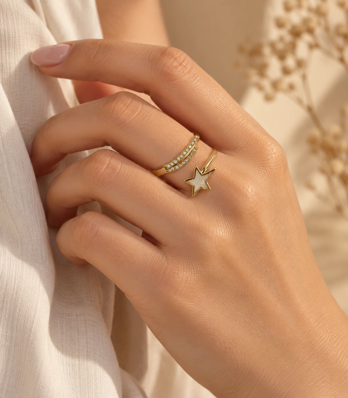 Gold Mother of Pearl Shooting Star Open Ring — editorial model view