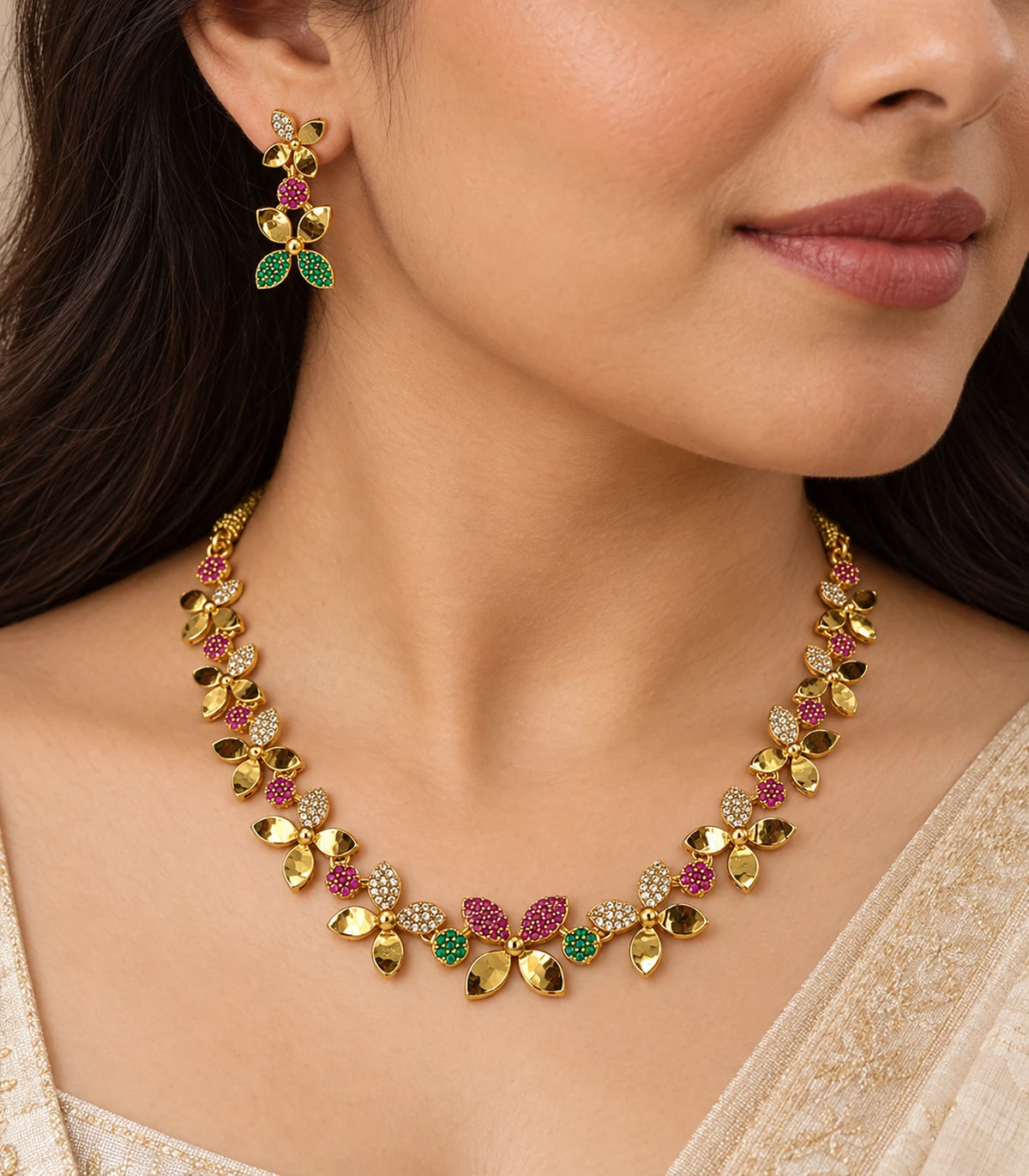 Close view of the Gold Multicolor Butterfly Crystal Necklace Set worn with matching earring