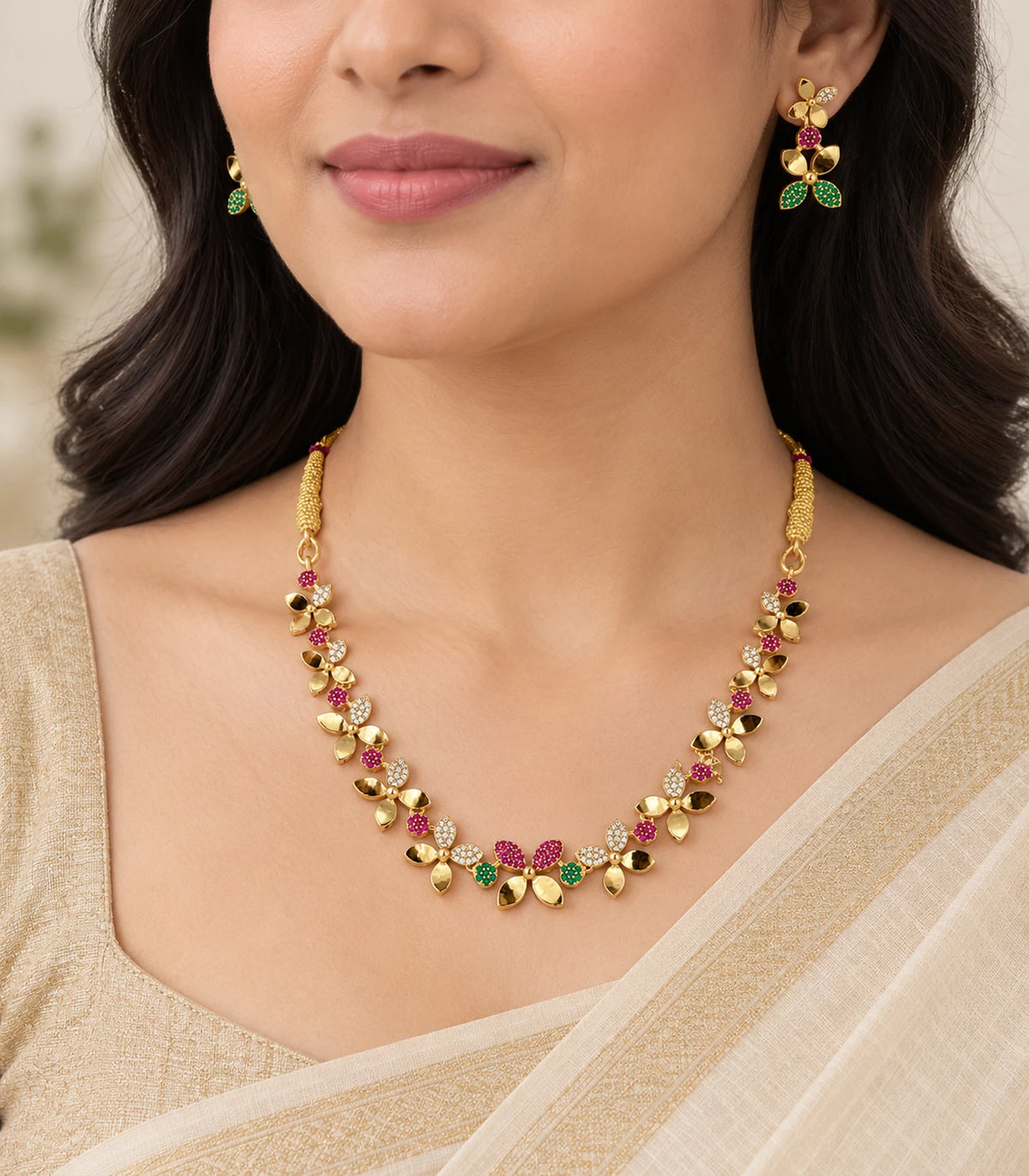 Gold Multicolor Butterfly Crystal Necklace Set worn with an ivory outfit