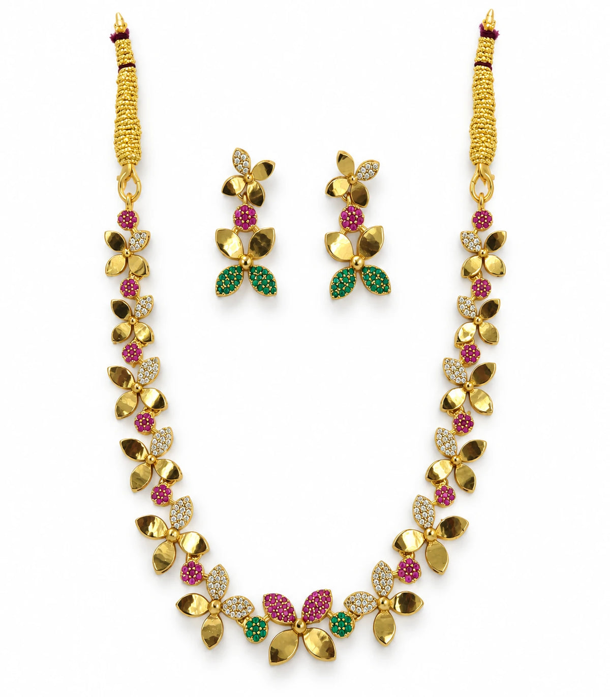 Gold Multicolor Butterfly Crystal Necklace Set, necklace and matching pair of earrings on white