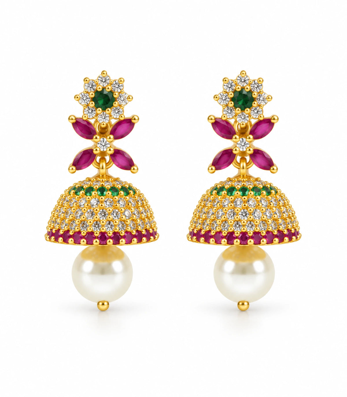 Gold multicolor floral earrings, complete pair on white