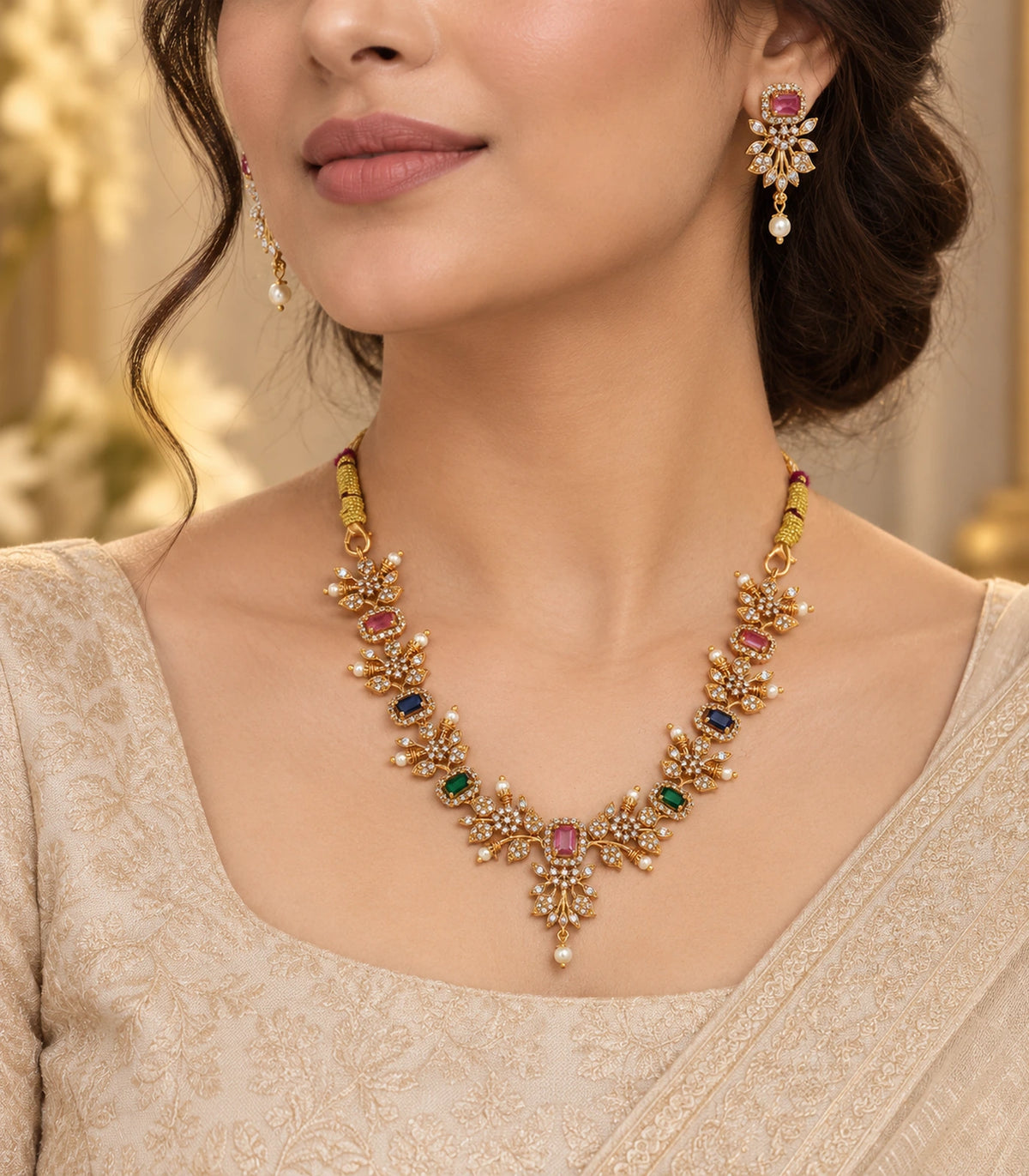 Gold-tone multicolor floral necklace set worn with a cream occasion outfit
