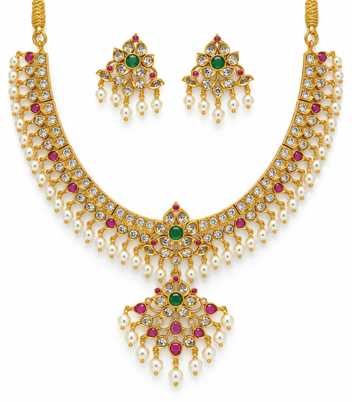 Gold-tone multicolor floral pearl-style fringe necklace with matching pair of earrings on white background