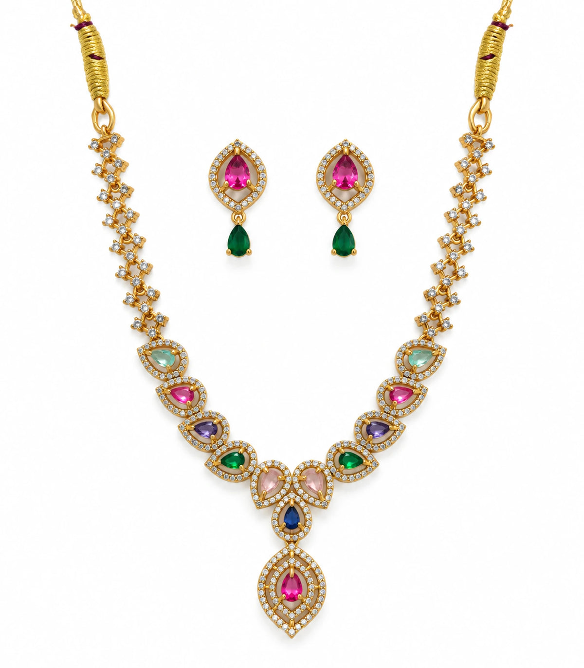 Gold-tone multicolor teardrop necklace and matching pink and green drop earring pair on white