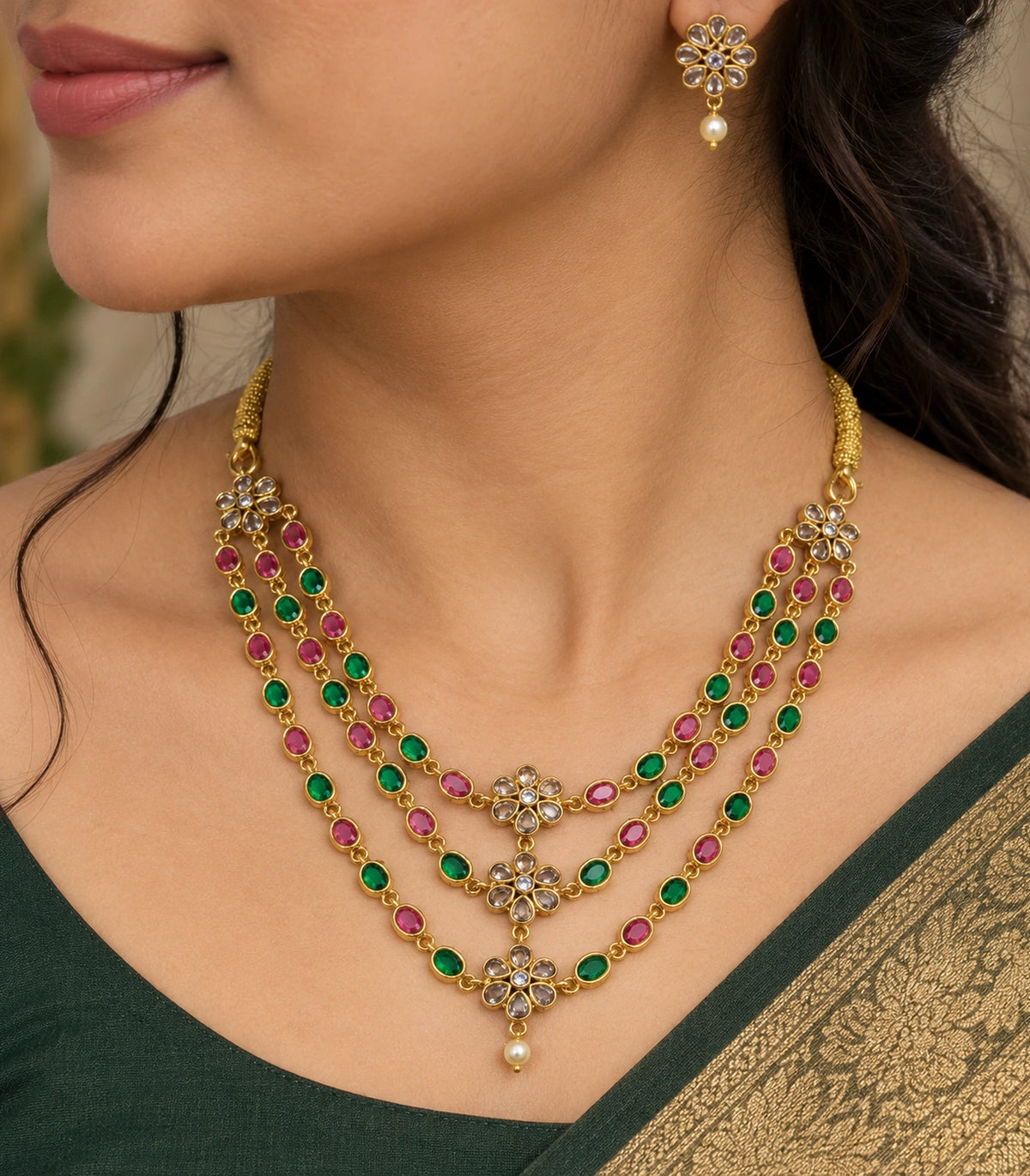 Close view of the multicolor floral necklace and matching drop earring worn with a green outfit