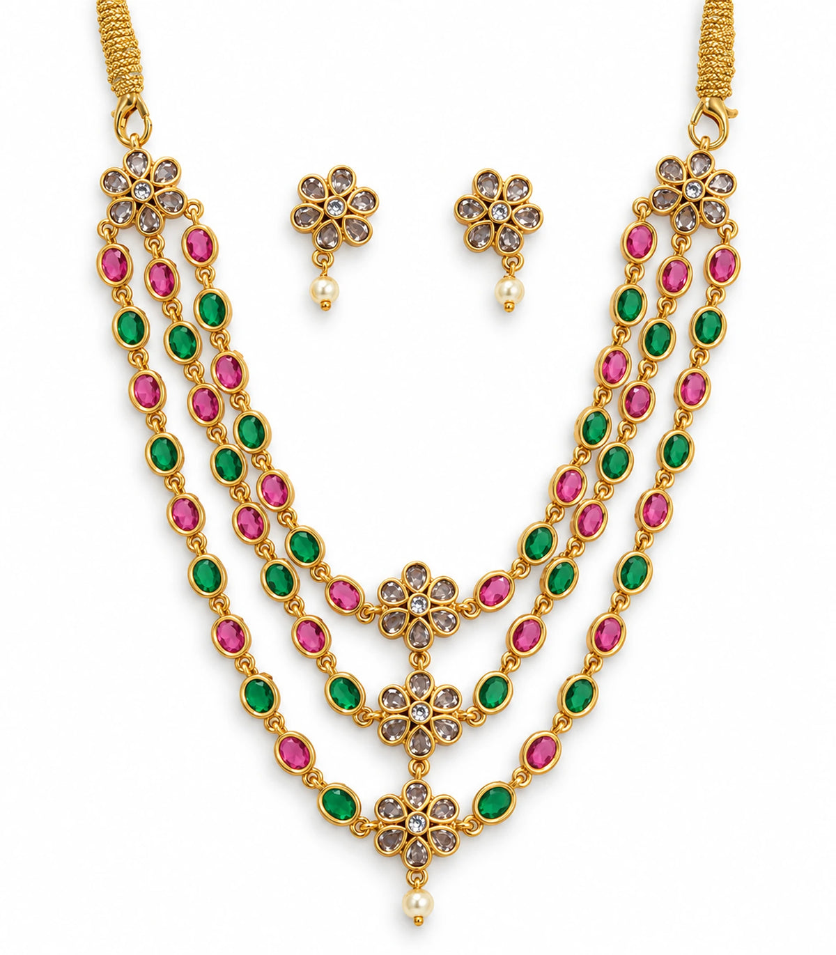 Gold-tone multicolor triple-strand floral necklace with matching pair of drop earrings on white