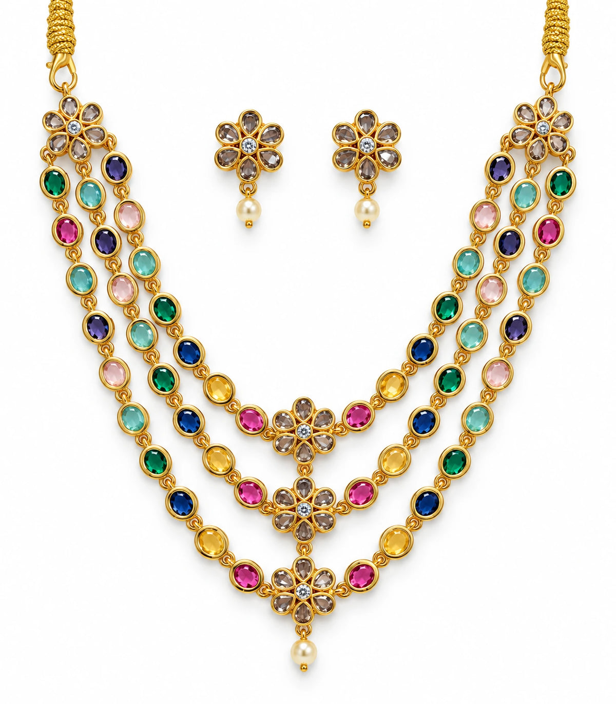 Gold-tone multicolor triple-strand floral necklace with matching pair of drop earrings on white