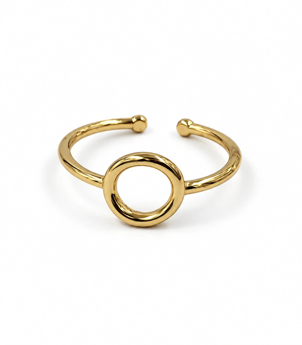 Gold Open Circle Minimal Ring with hollow circular centre and open-back band on white