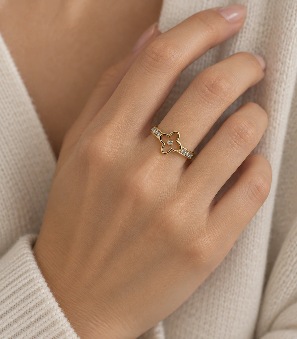 Gold Open Clover Baguette Crystal Ring — editorial model view