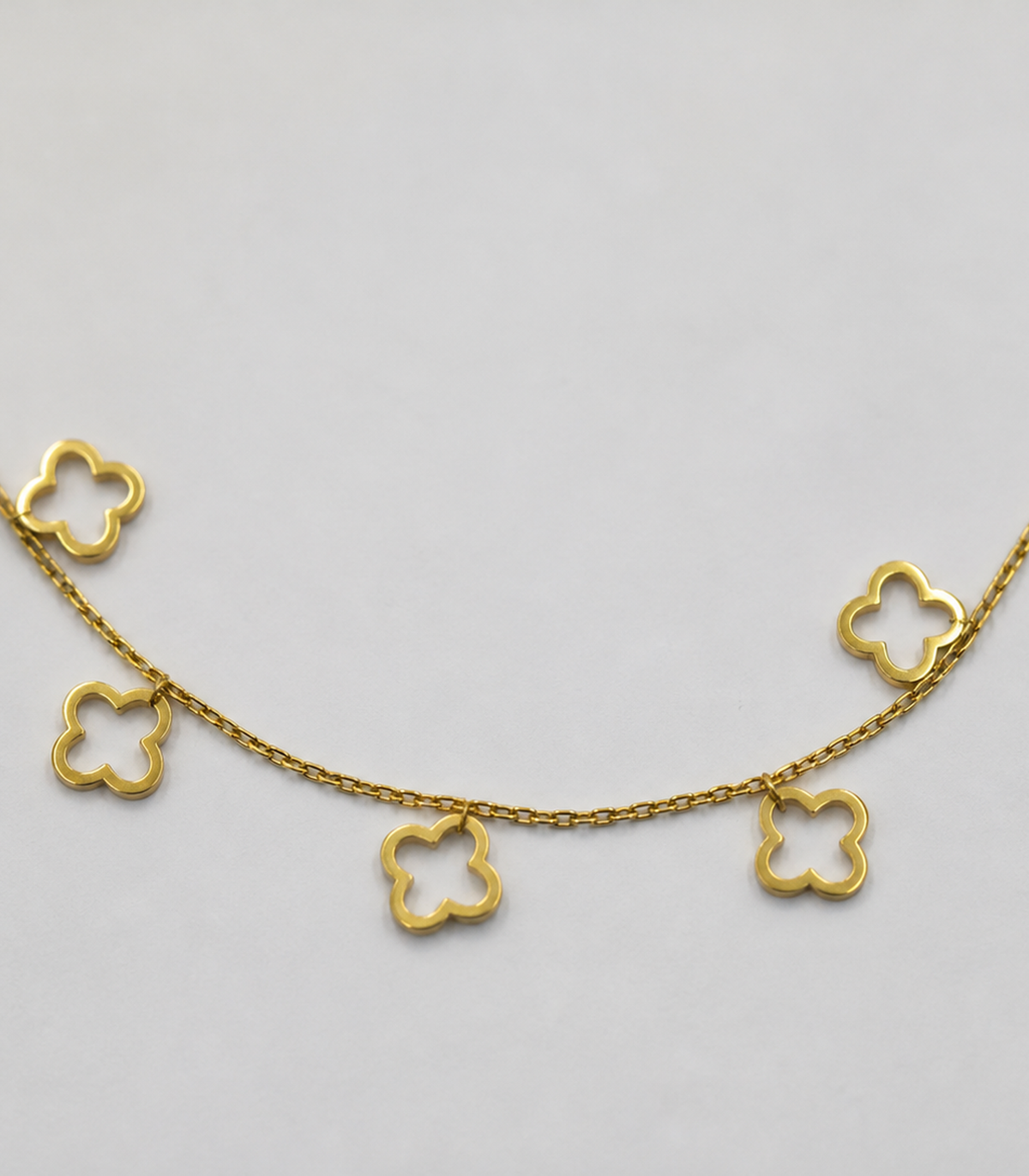 Close-up of Gold Open Clover Charm Necklace
