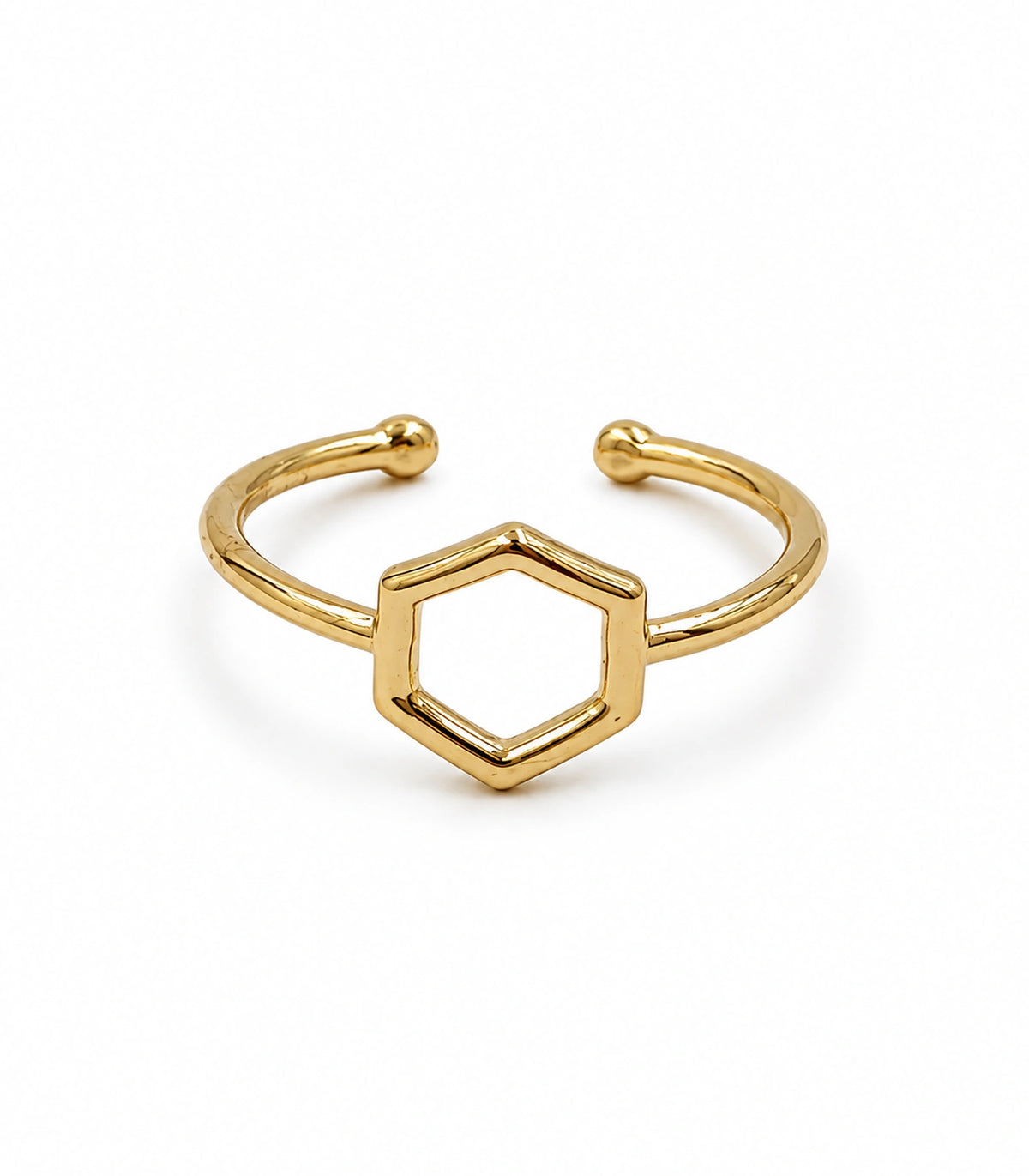 Gold Open Hexagon Minimal Ring, one gold-tone open-band ring on a white background