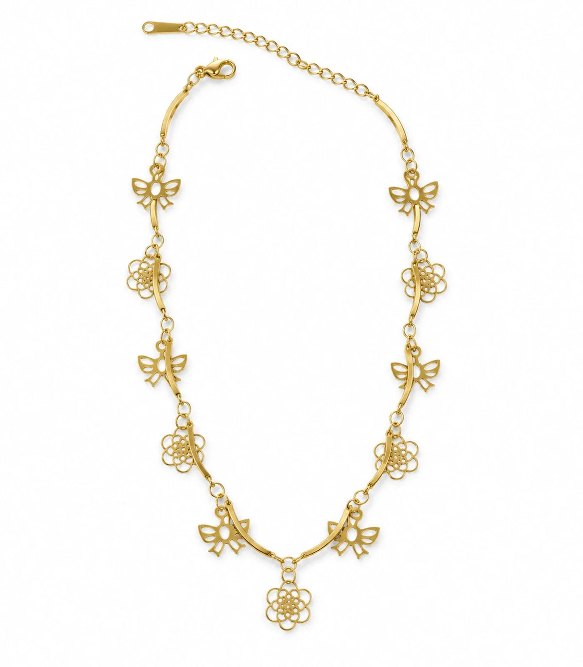 Gold Openwork Butterfly and Flower Station Anklet — white background