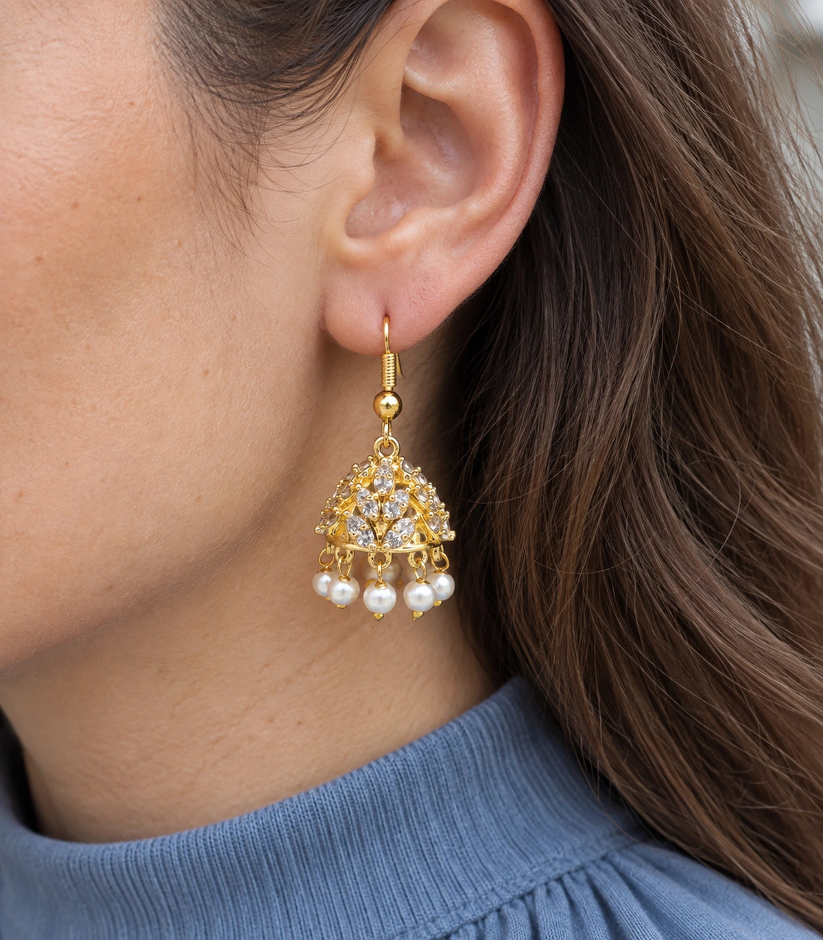 JIMIKI Openwork Crystal Leaf Pearl Hook Jhumka Earrings in Gold - close-up details #color_gold
