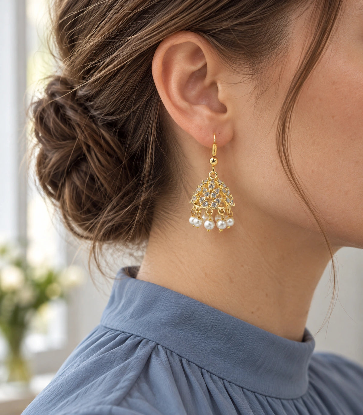 JIMIKI Openwork Crystal Leaf Pearl Hook Jhumka Earrings in Gold - editorial worn view #color_gold