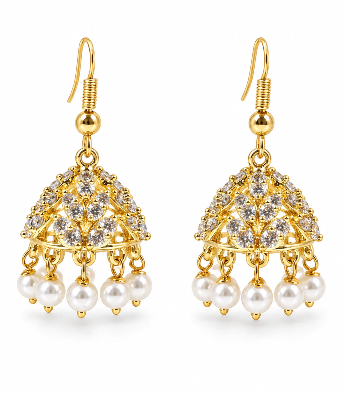 JIMIKI Openwork Crystal Leaf Pearl Hook Jhumka Earrings in Gold - pair on white #color_gold