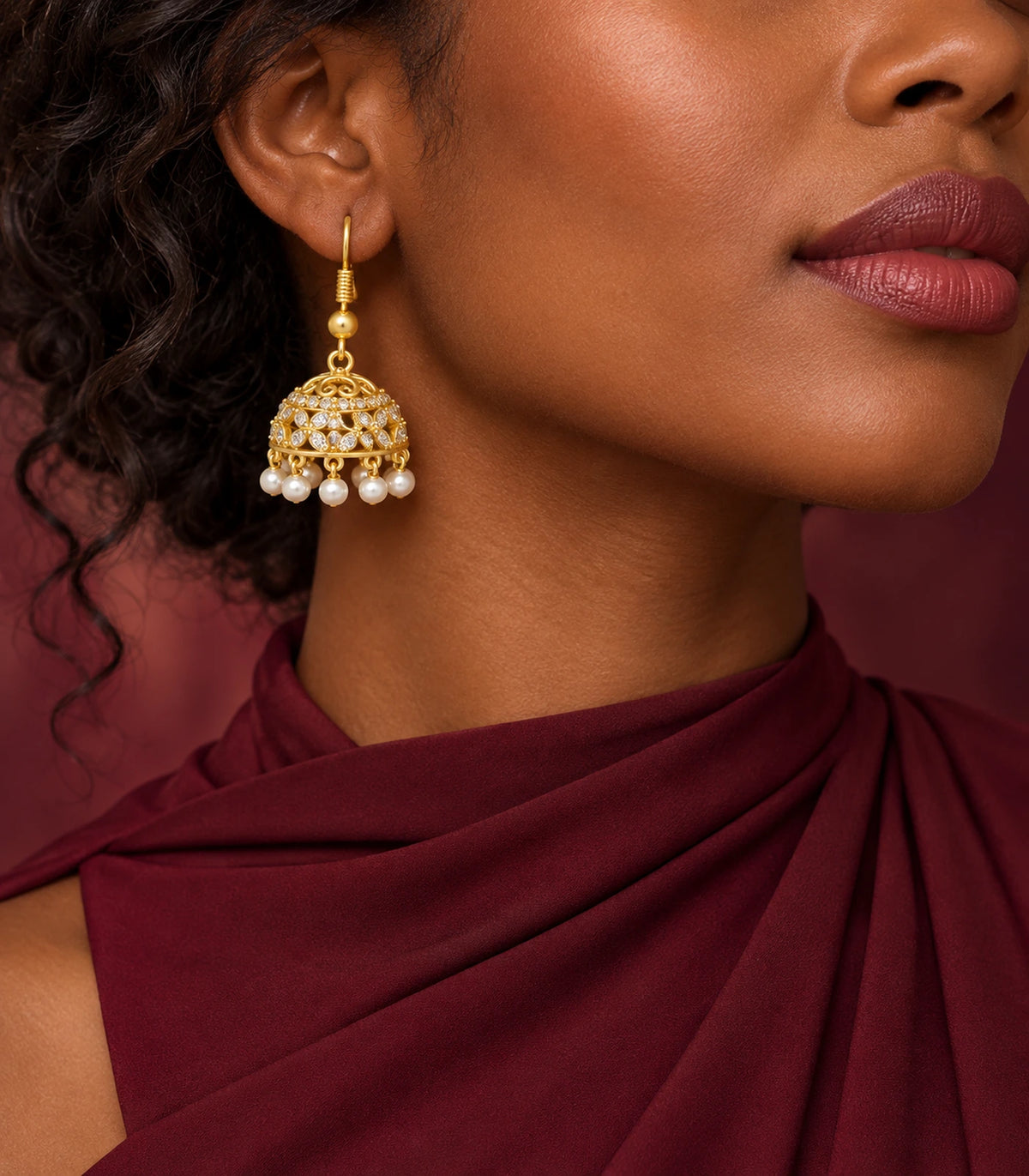 JIMIKI Gold Openwork Floral Crystal Jhumka Earrings - Earring styled with a burgundy outfit #color_gold