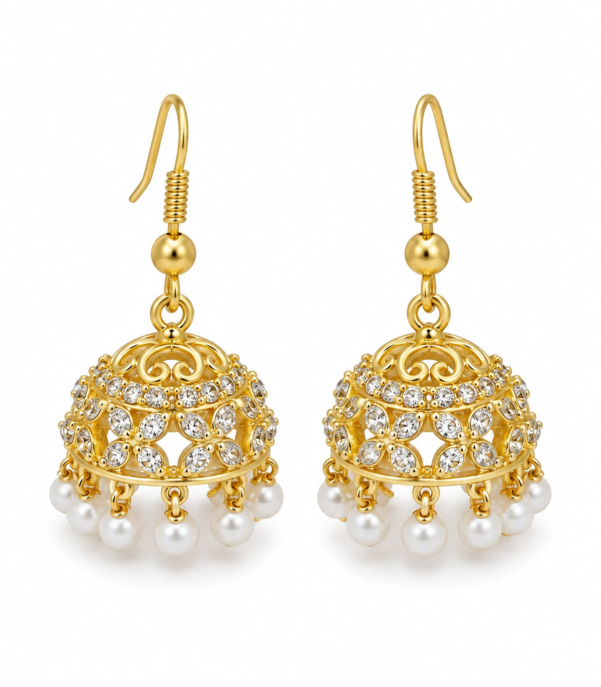 JIMIKI Gold Openwork Floral Crystal Jhumka Earrings - Matching pair on white #color_gold