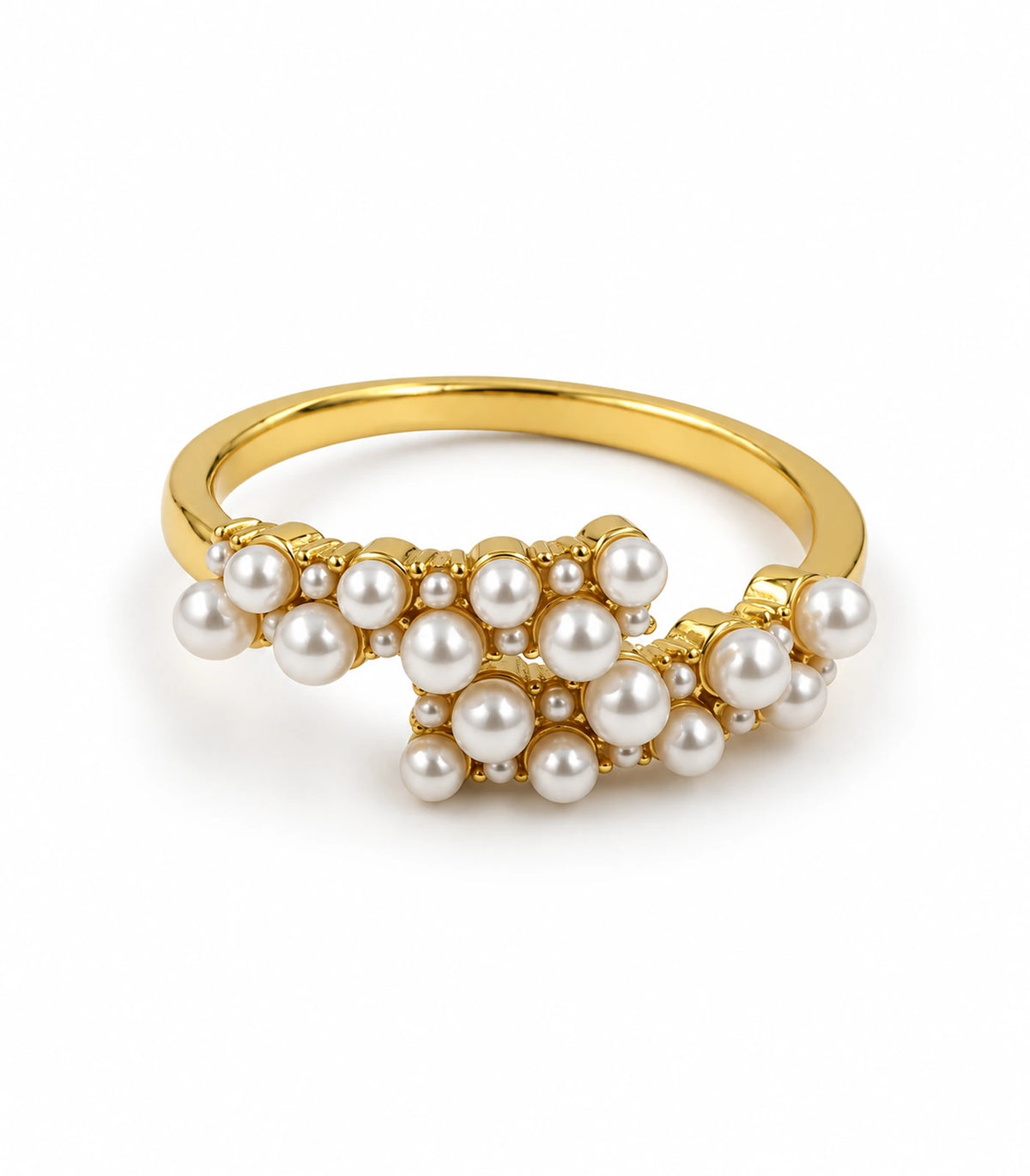 Gold Pearl Cluster Crossover Ring on a white background