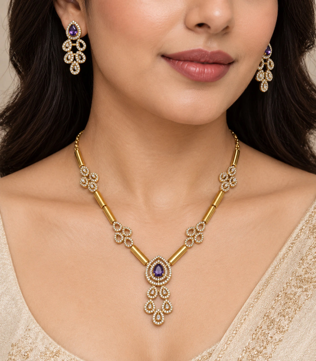 Close view of purple teardrop necklace set and matching earrings