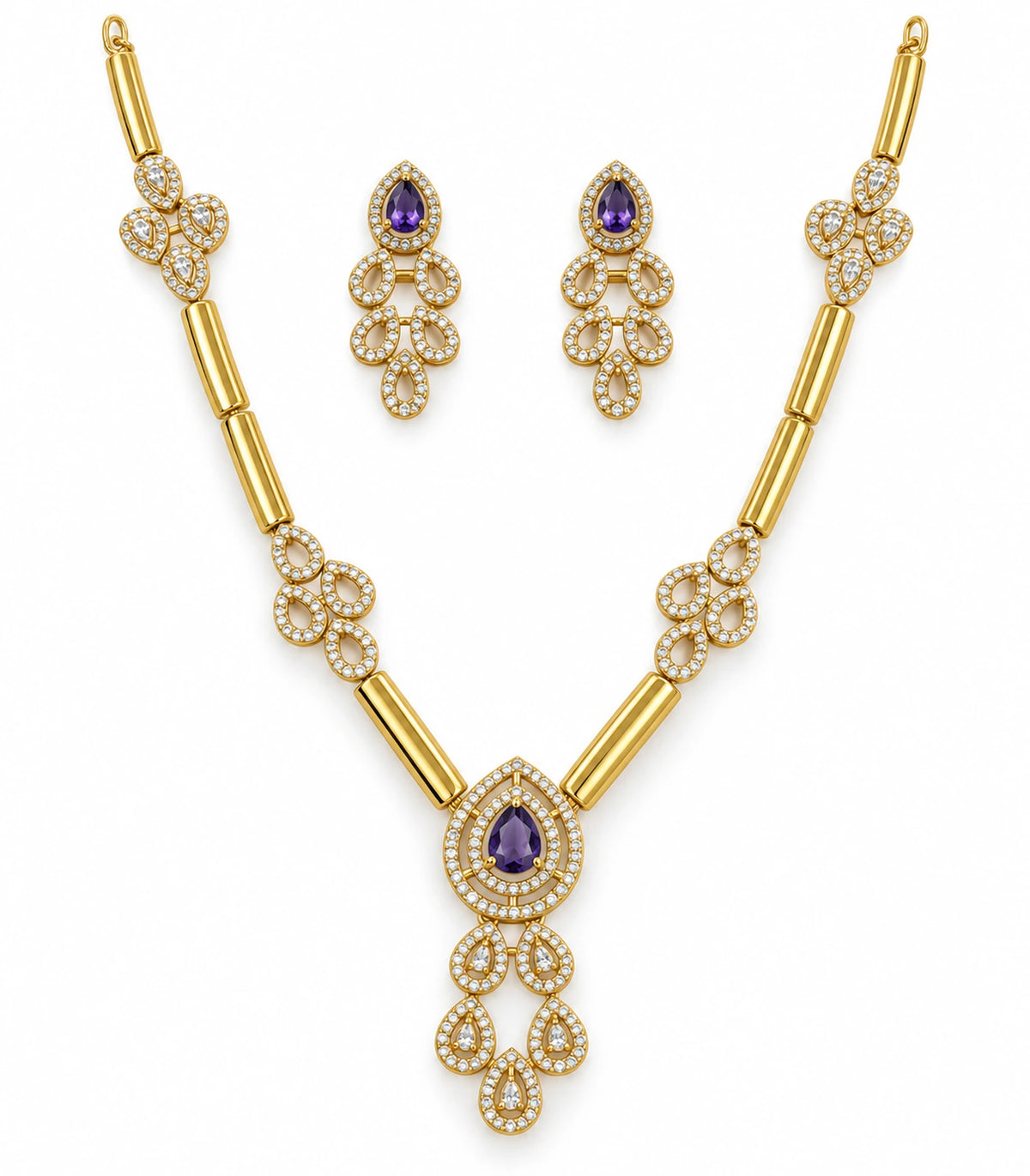 Gold-tone purple teardrop necklace set with matching pair of earrings on white background