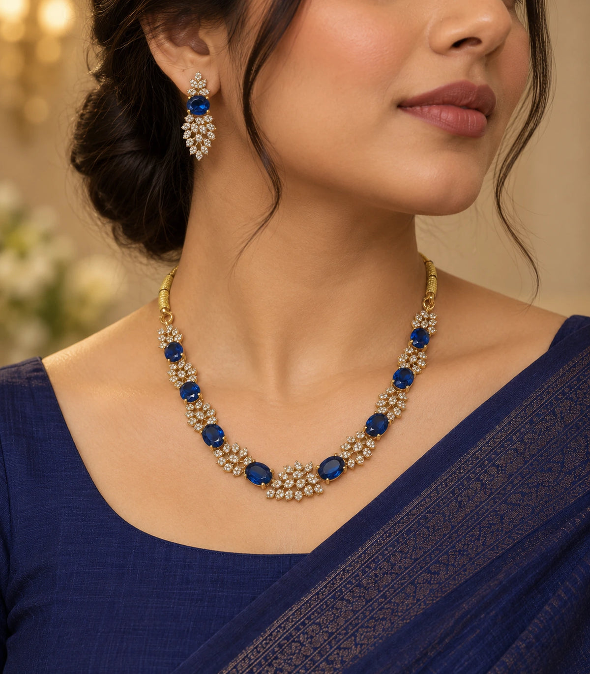 Gold Sapphire Round Crystal Necklace Set worn in an editorial portrait