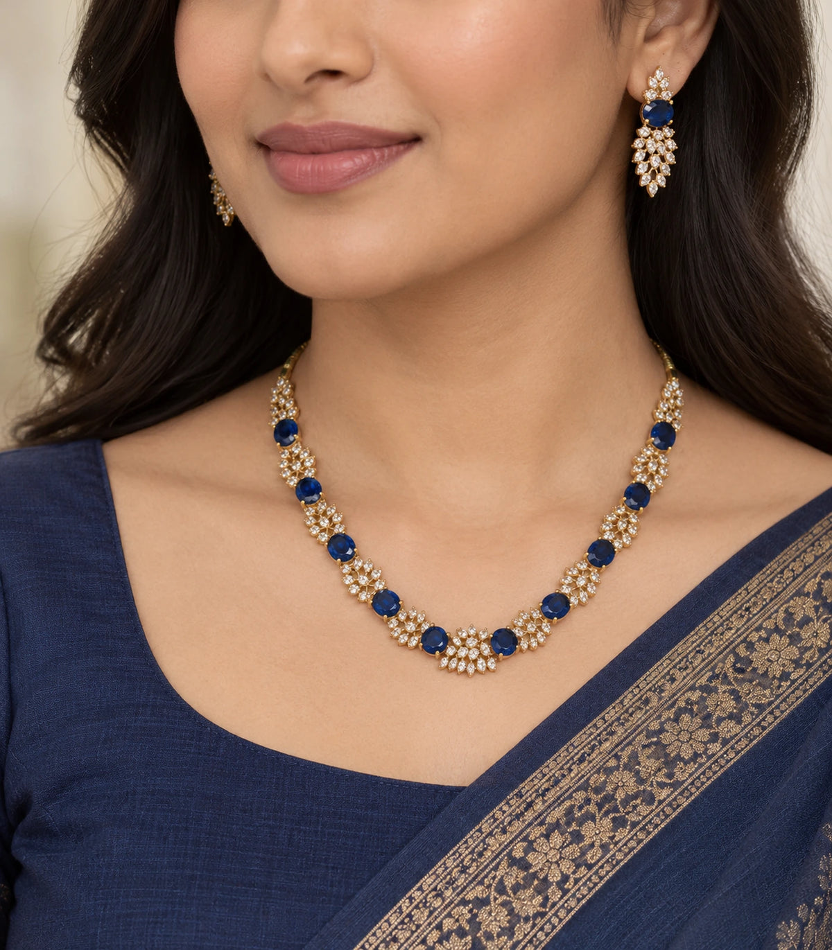 Gold Sapphire Round Crystal Necklace Set worn with a navy outfit