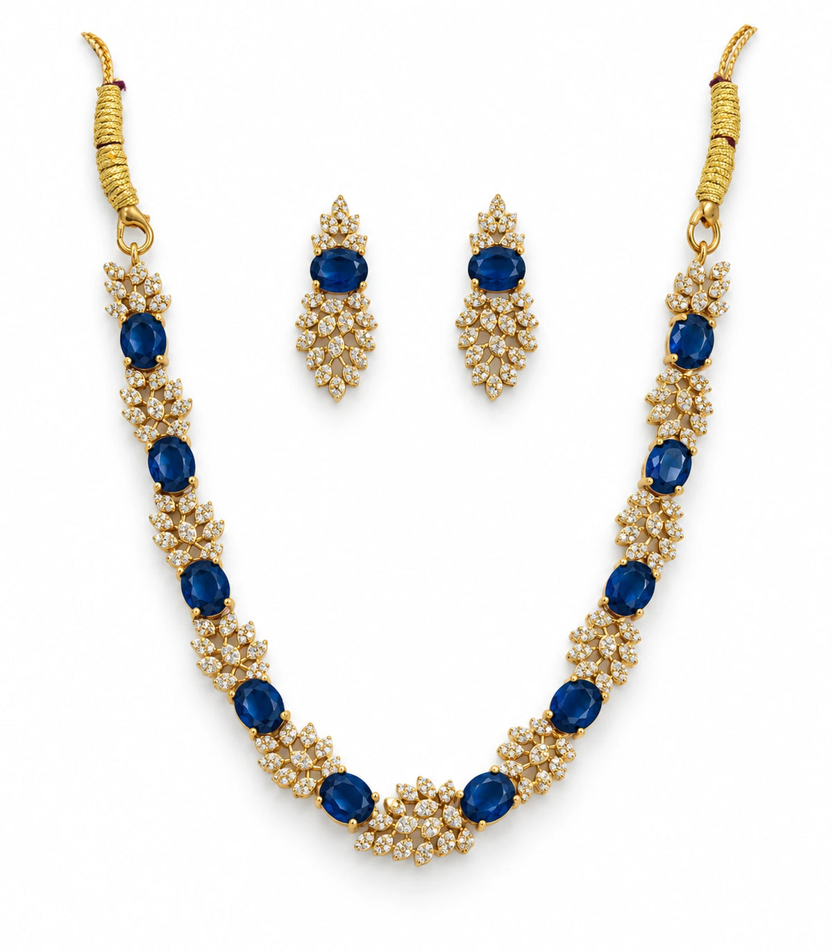 Gold Sapphire Round Crystal Necklace Set with matching earrings on a white background