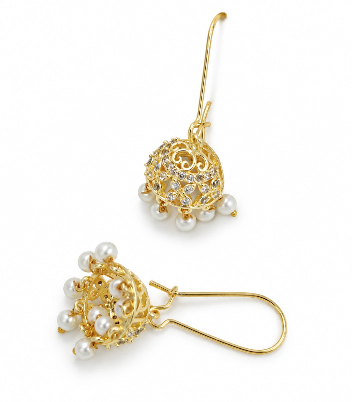 Gold Scrollwork Crystal Jhumka Earrings in Gold — pair showing front and underside on white background #color_gold