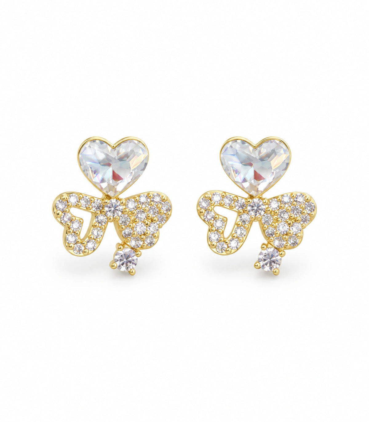 JIMIKI Gold-Tone Asymmetric Crystal Heart Bow Stud Earrings in Gold Tone, white background product view