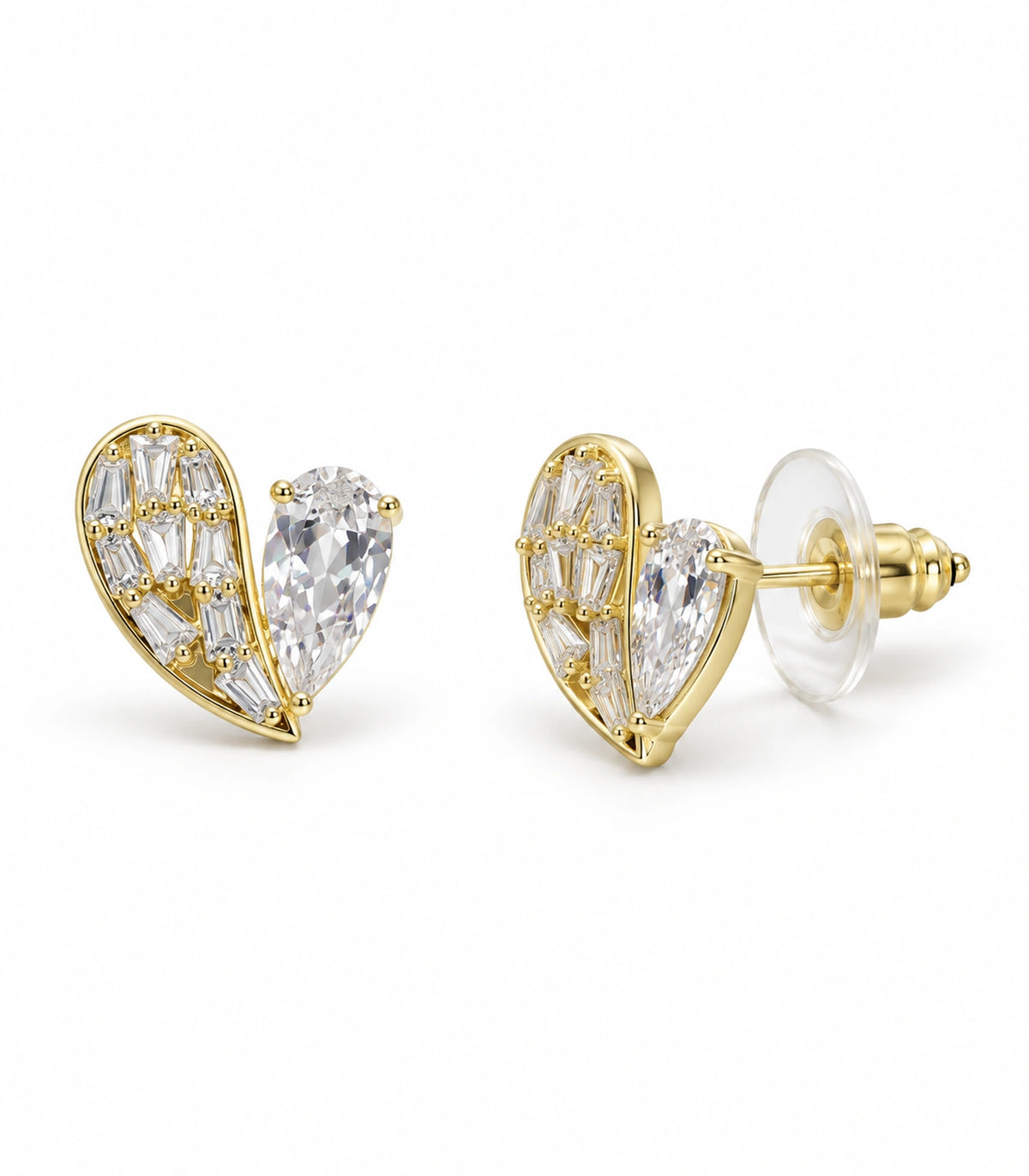 JIMIKI Asymmetric Crystal Heart Stud Earring Pair in Gold Tone, white background product view #color_gold tone