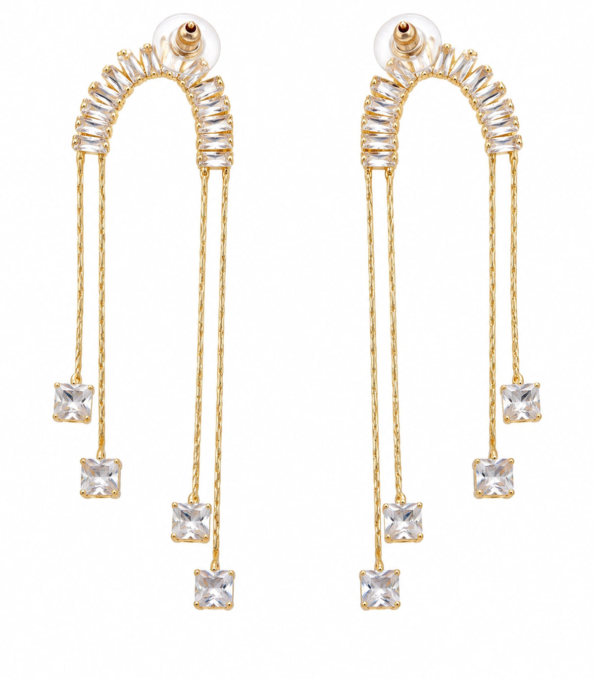 JIMIKI Gold-Tone Crescent Crystal Chain Drop Earrings — pair on white background #color_gold-tone / clear